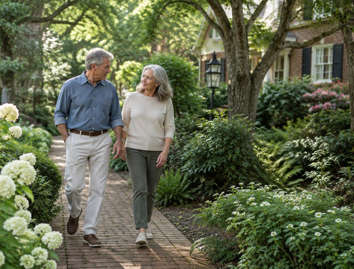 Older couple walking through a leafy residential garden