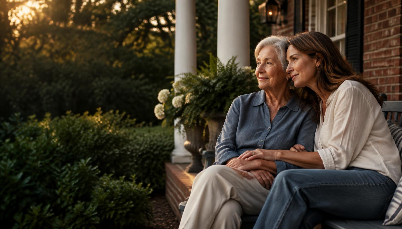 Senior mother and adult daughter sitting together on a front porch
