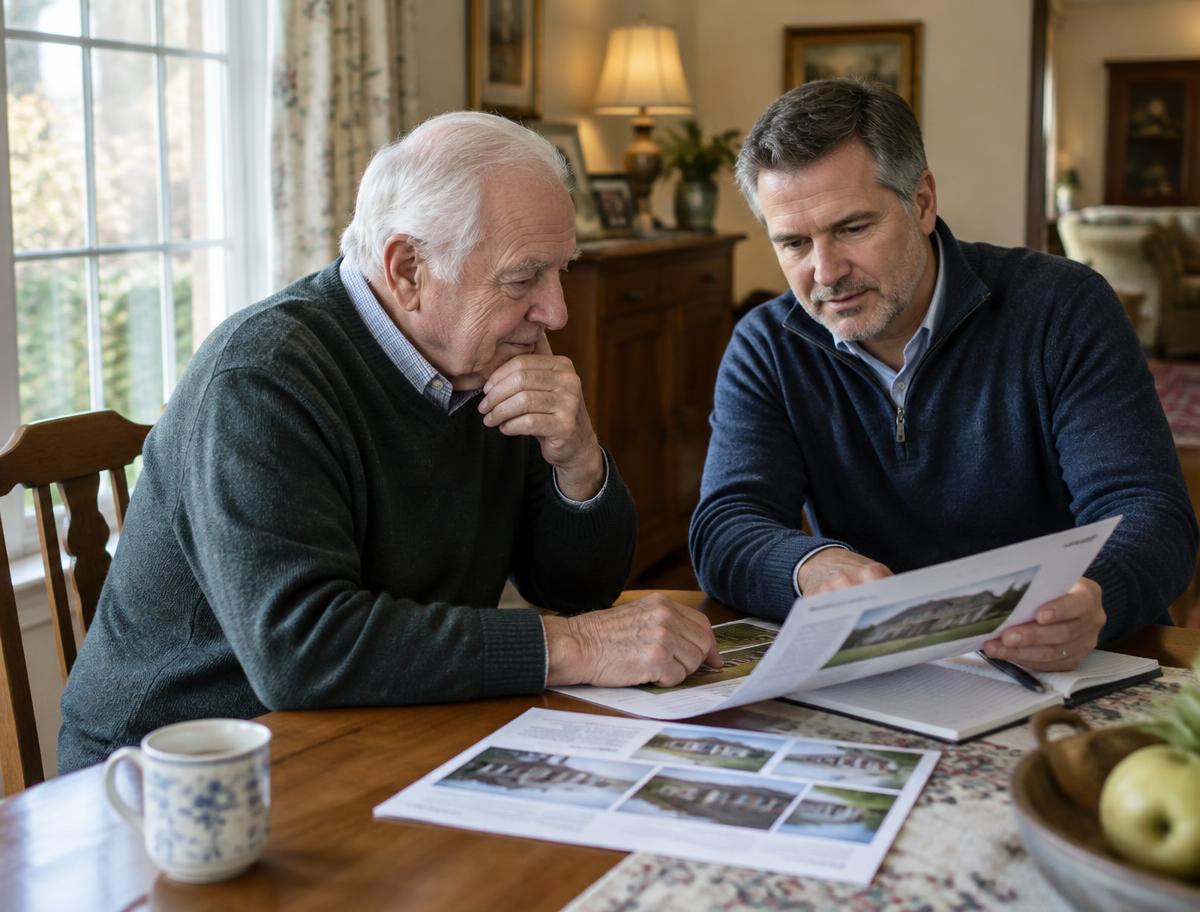 Senior father and adult son reviewing housing information together