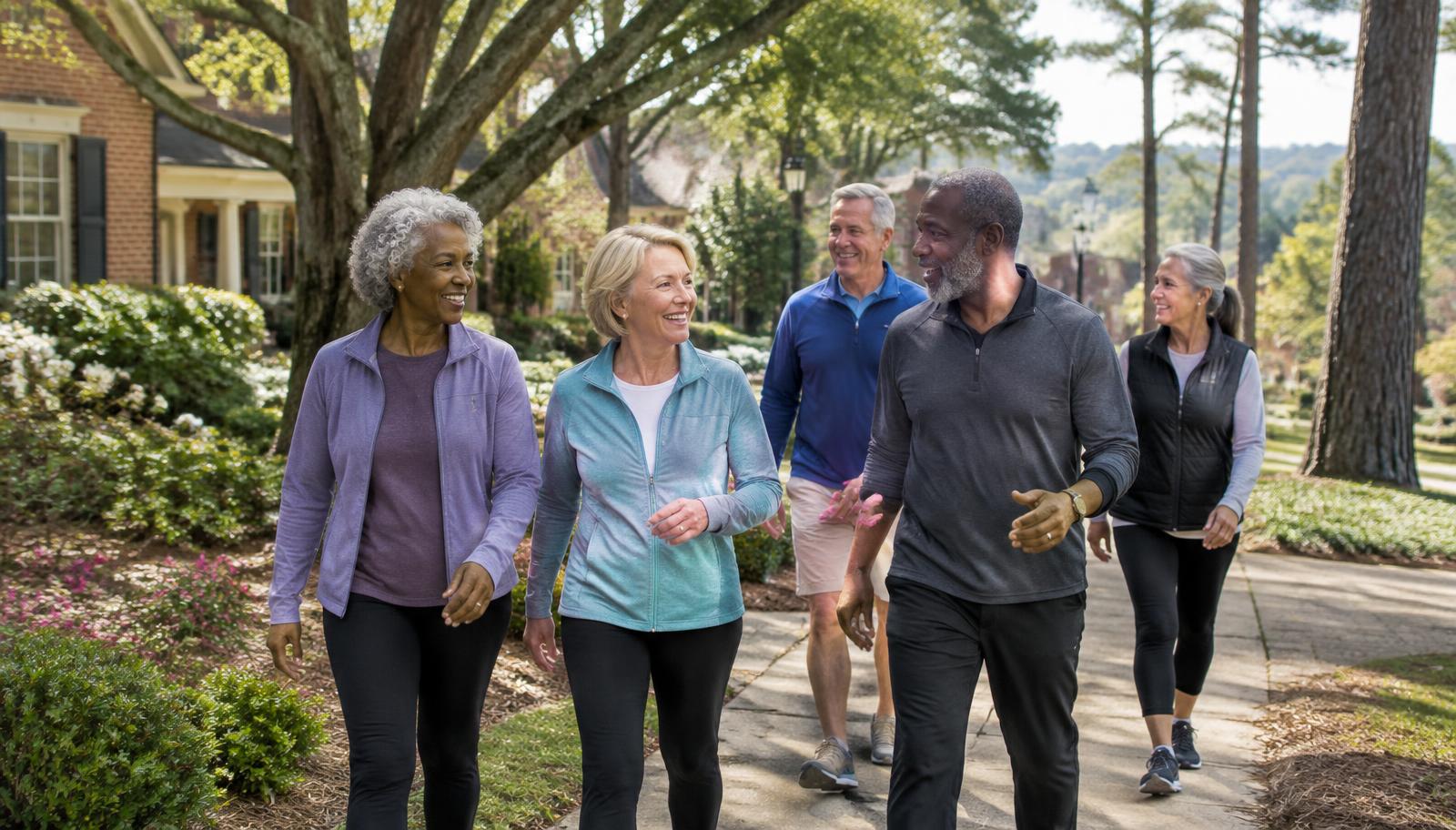 Older adults walking together through a leafy residential neighborhood