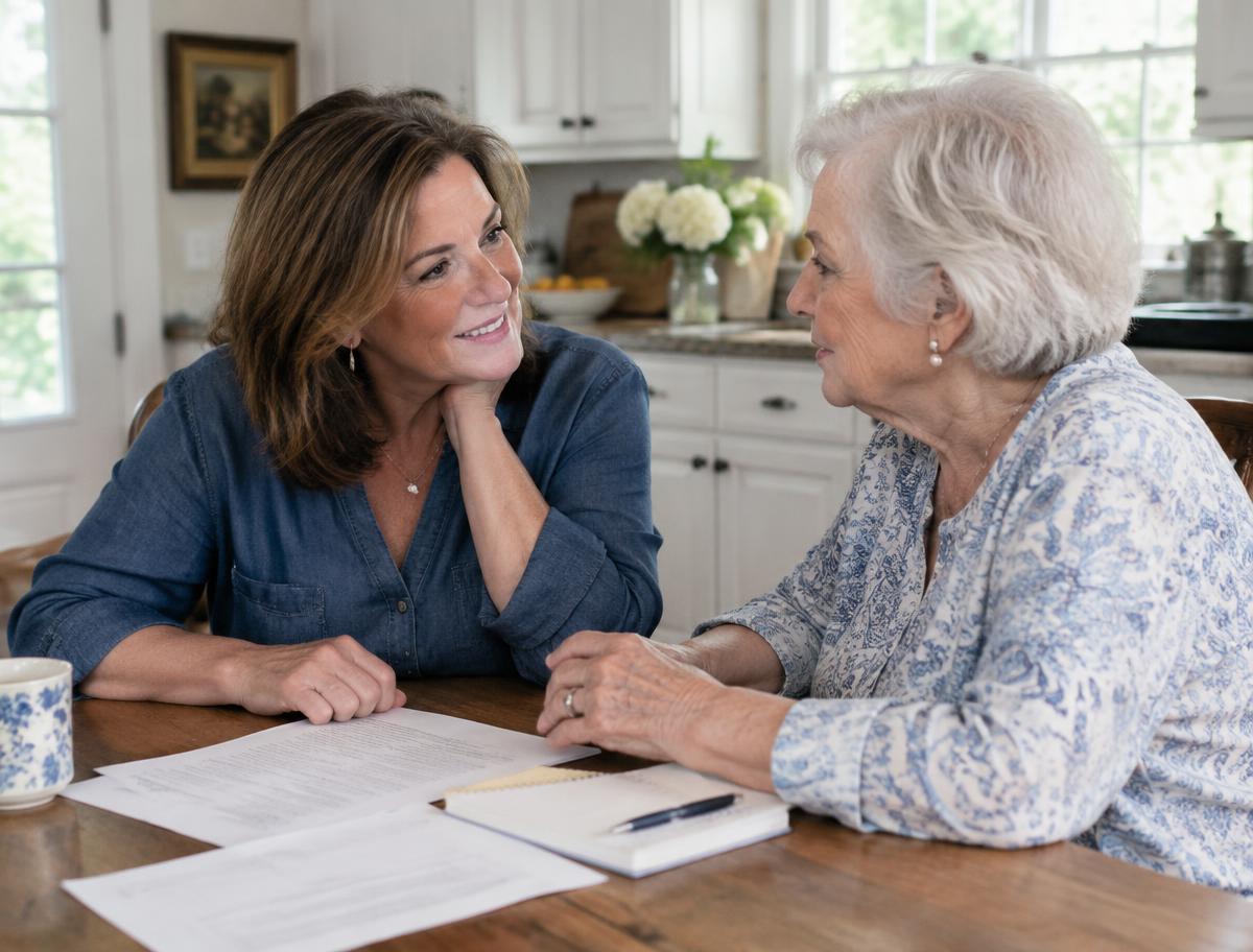 Adult daughter talking with her mother at a kitchen table