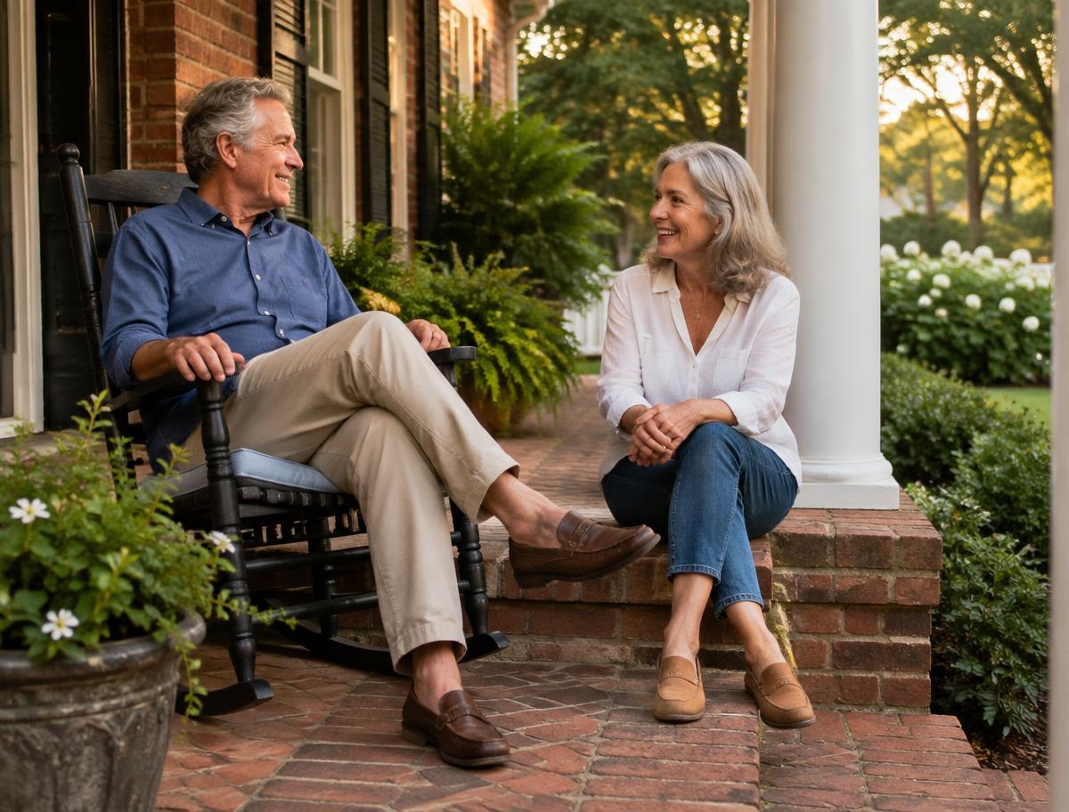 Older couple having a relaxed conversation on a front porch