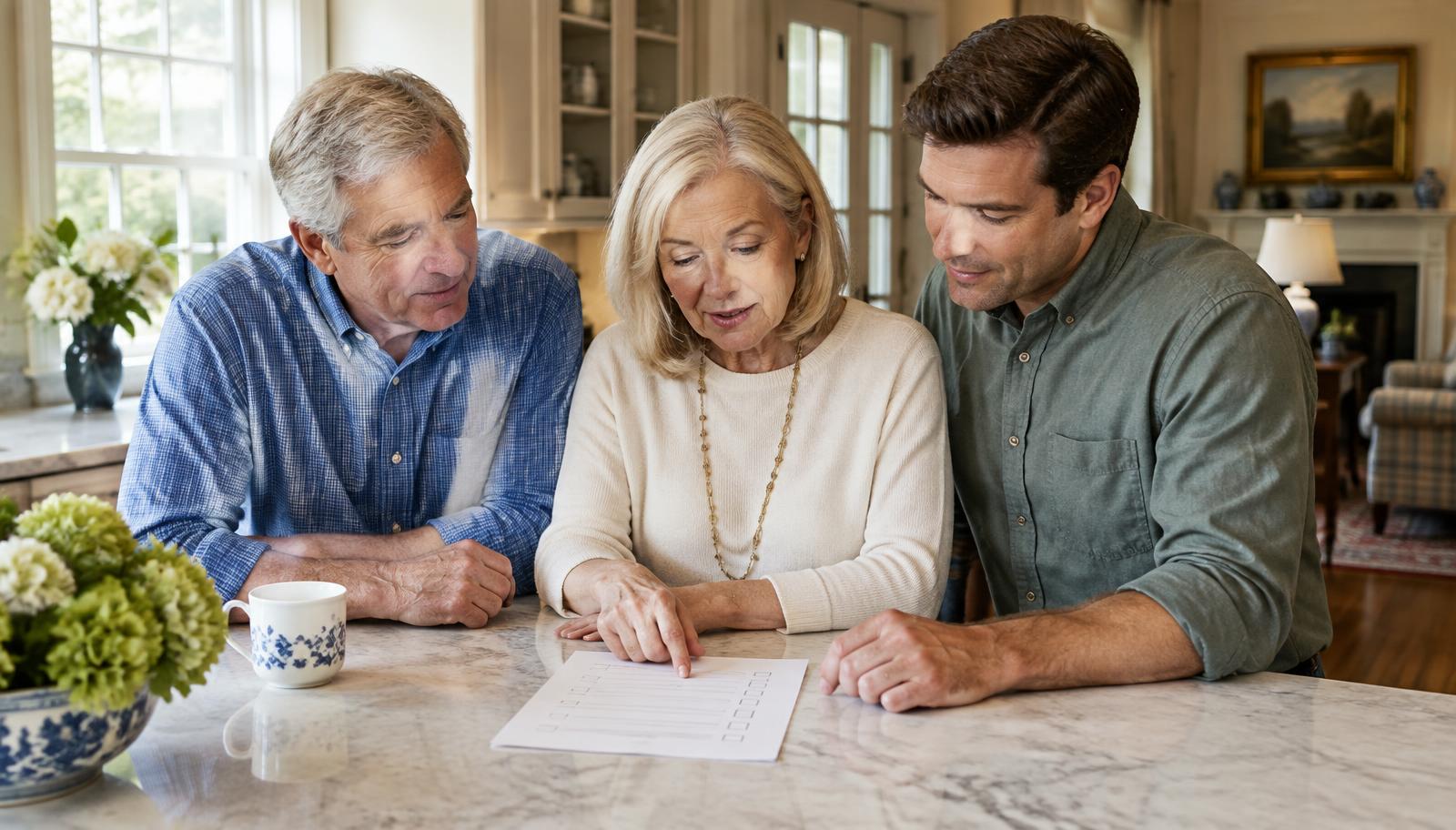 Older couple and their adult son reviewing a practical plan together