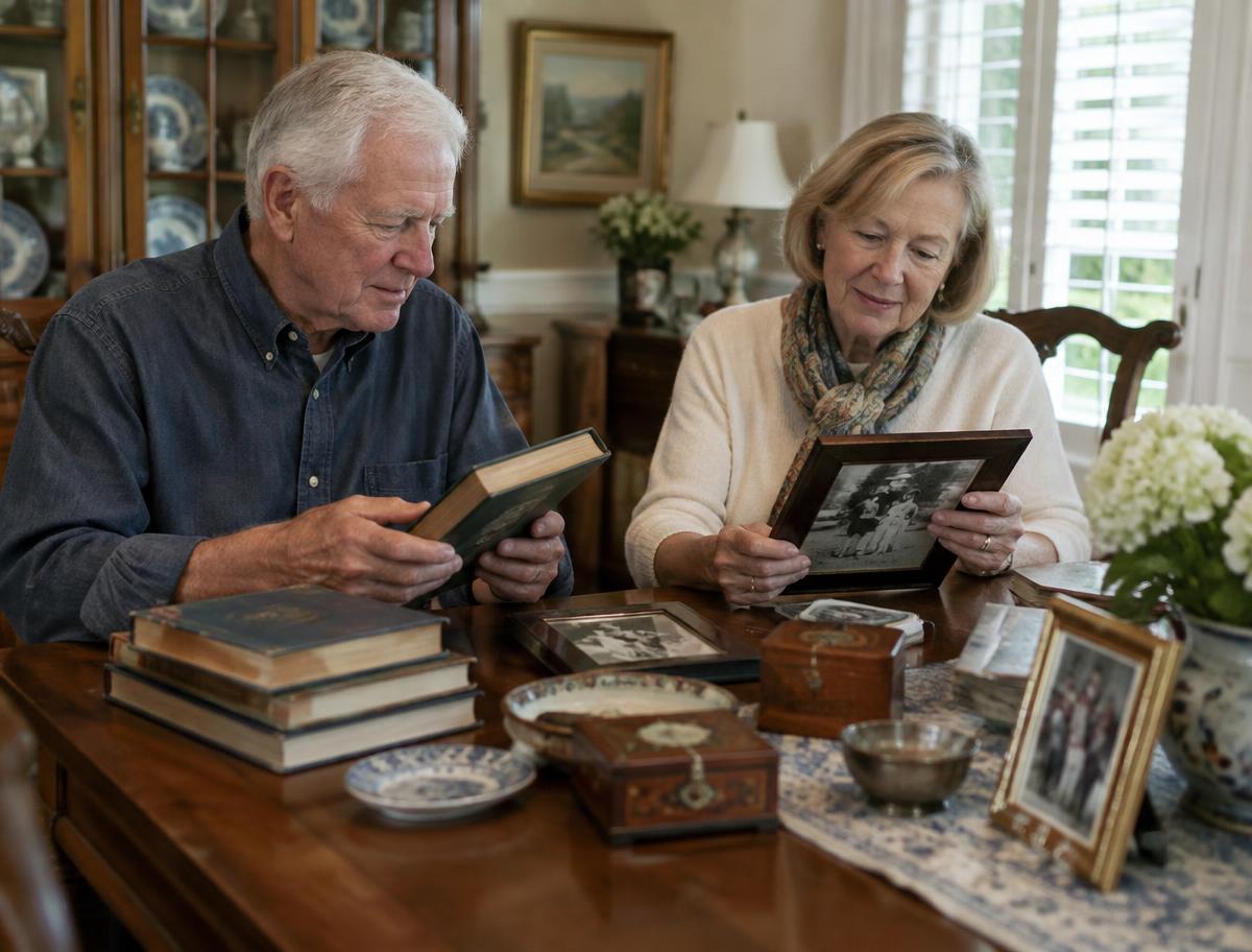 Older couple looking through meaningful family photographs