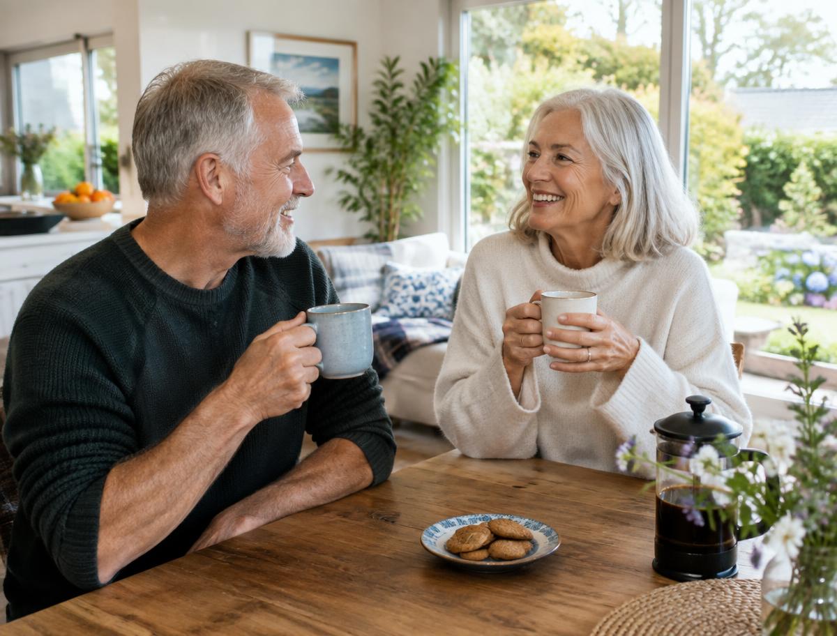 Older couple enjoying coffee in a bright smaller home